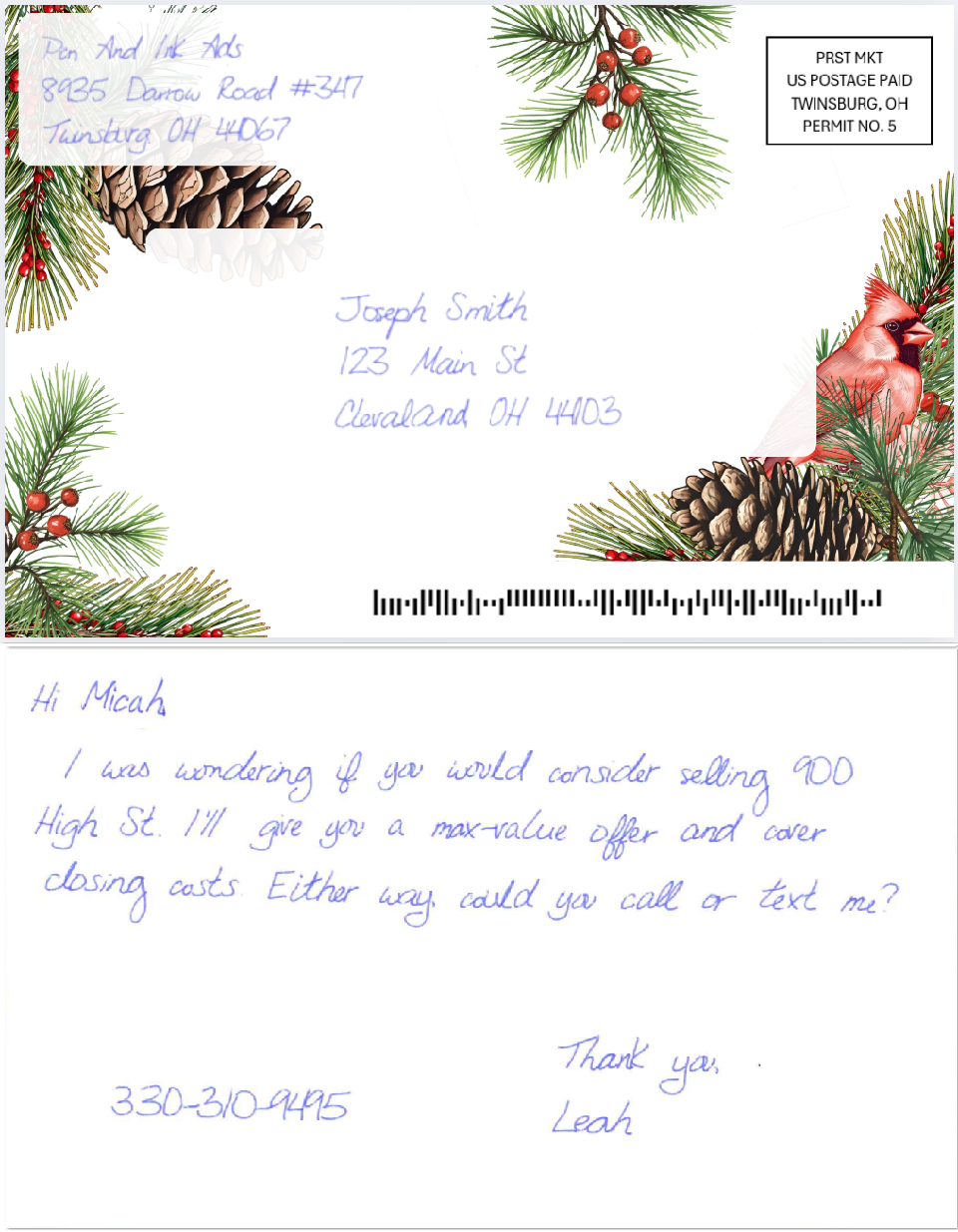 Festive Pinecones Handwritten Postcard
