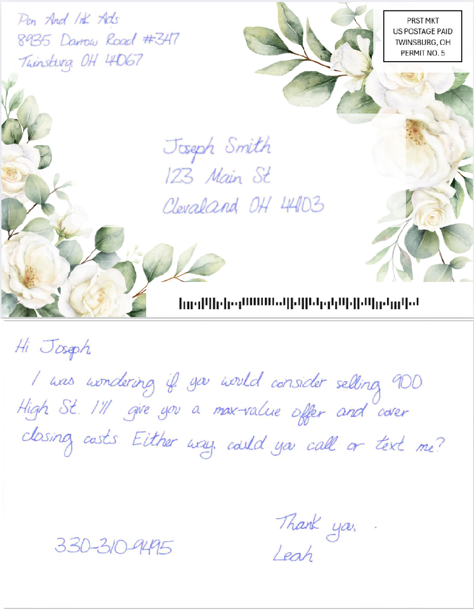floral connection handwritten postcard