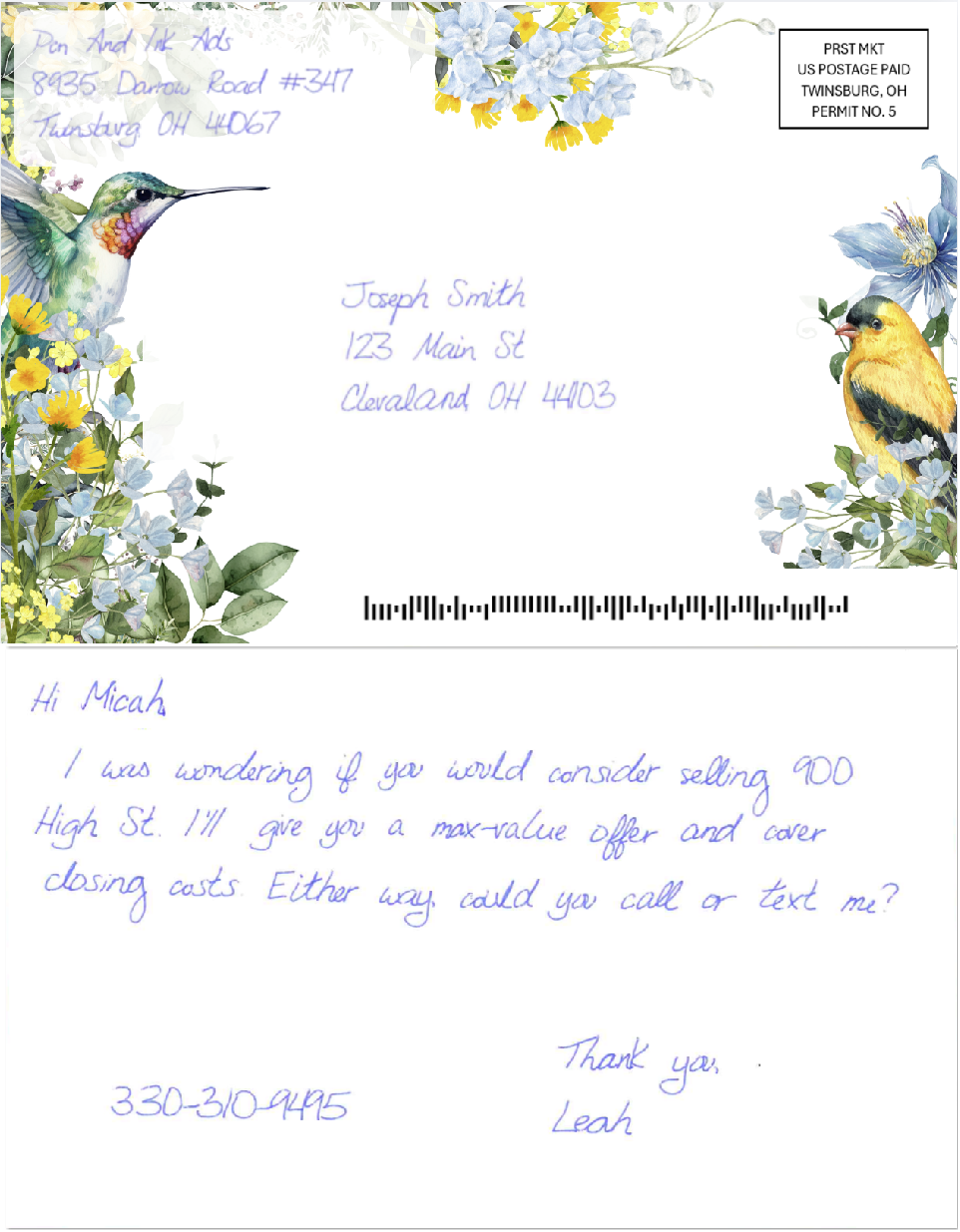 Going to the Birds Handwritten Postcard
