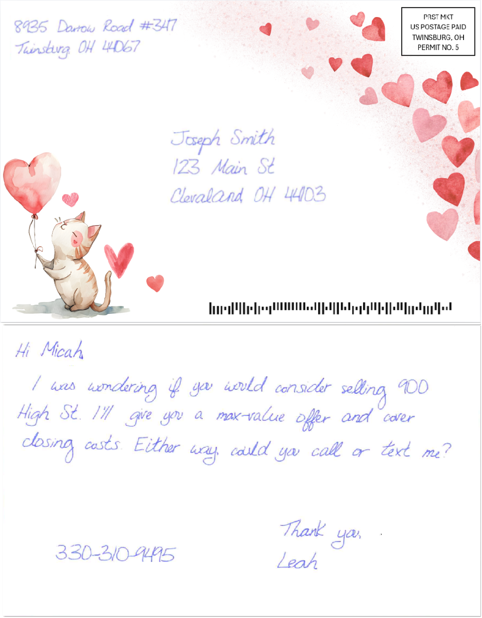 Kitty love Handwritten Postcard