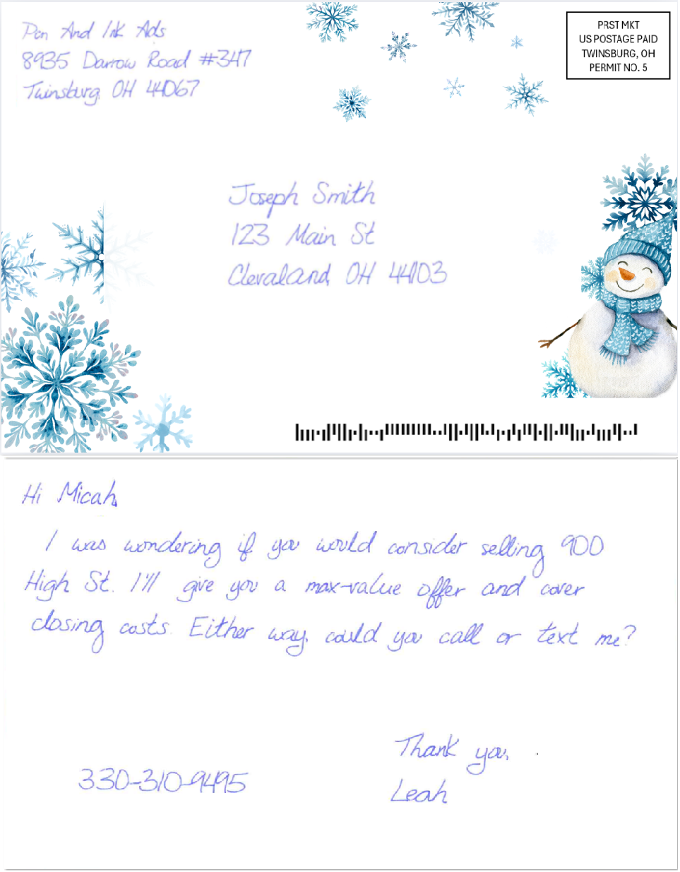 Snowman handwritten postcard