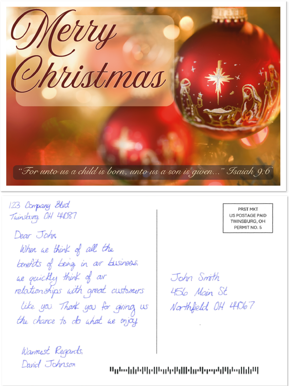 Nativity Ornament Handwritten Holiday Card