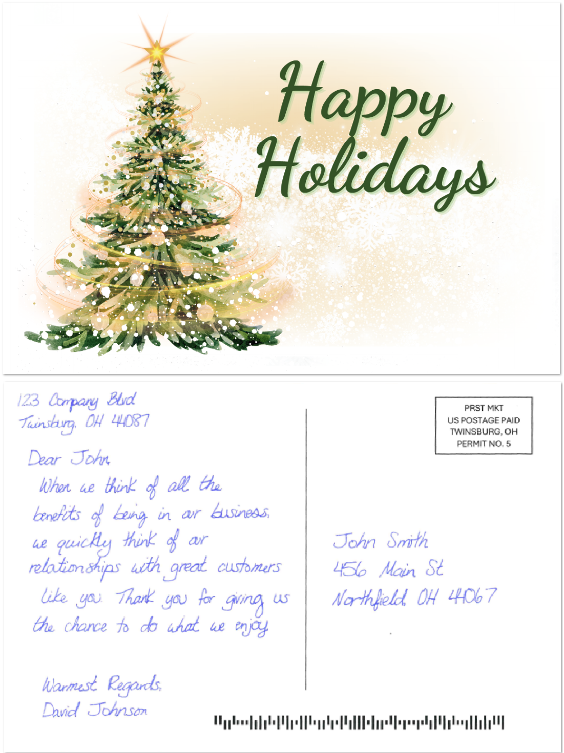 Snow Splattered Tree Handwritten Holiday Card