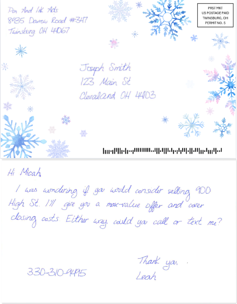 snowflakes handwritten card